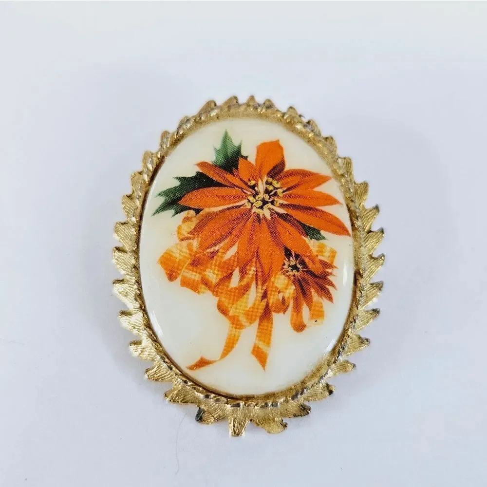 Vintage '50s Signed Dodds Painted Porcelain Gold Tone Poinsettia Pin Brooch 2